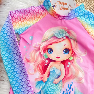 Linha Praia - Blusa com Proteção UV50+, Bucket e Calcinha - Sereia - Colorido